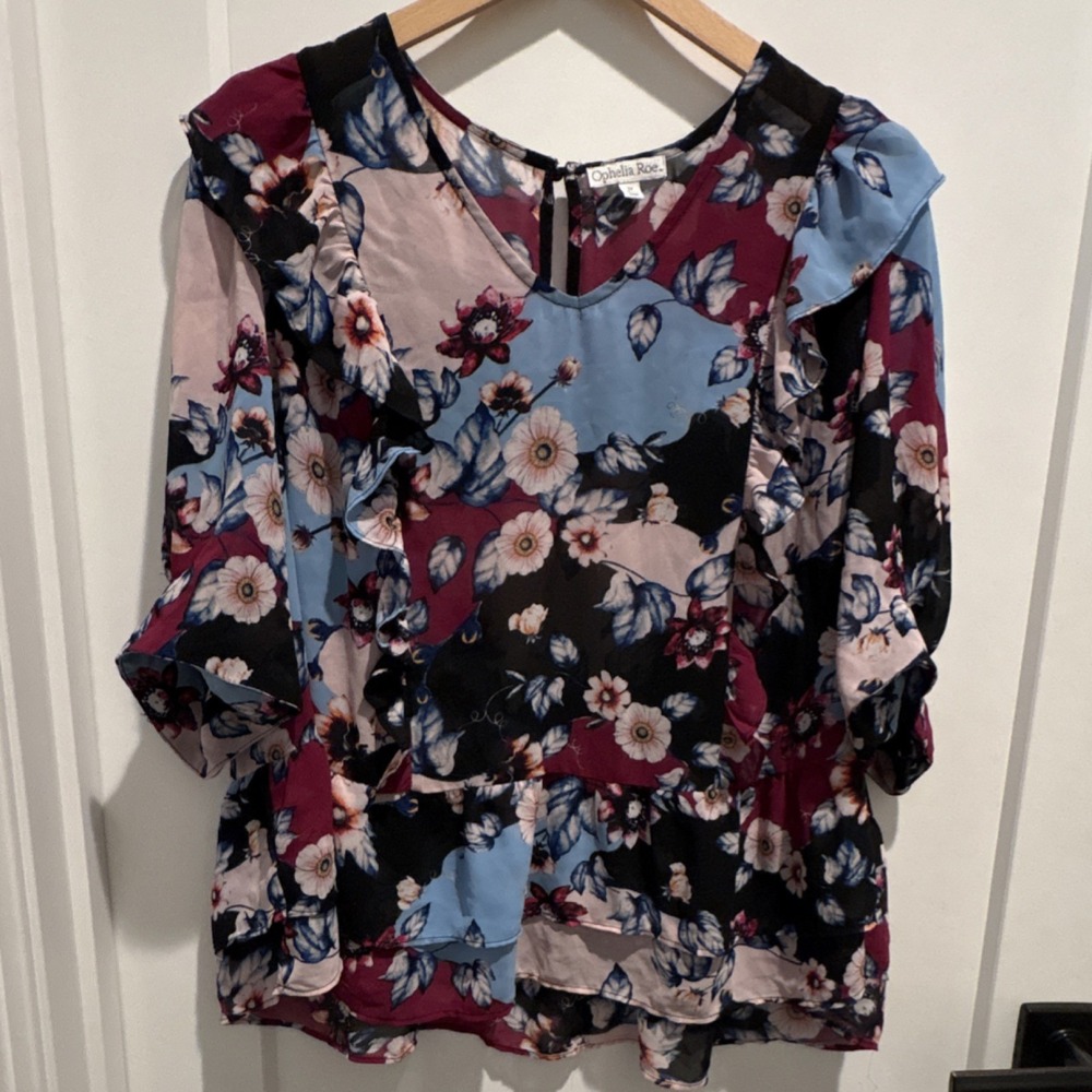 Ophelia Roe paisley Multicolor Floral Chiffon Ruffle 3/4 Sleeve Blouse 2X Plus